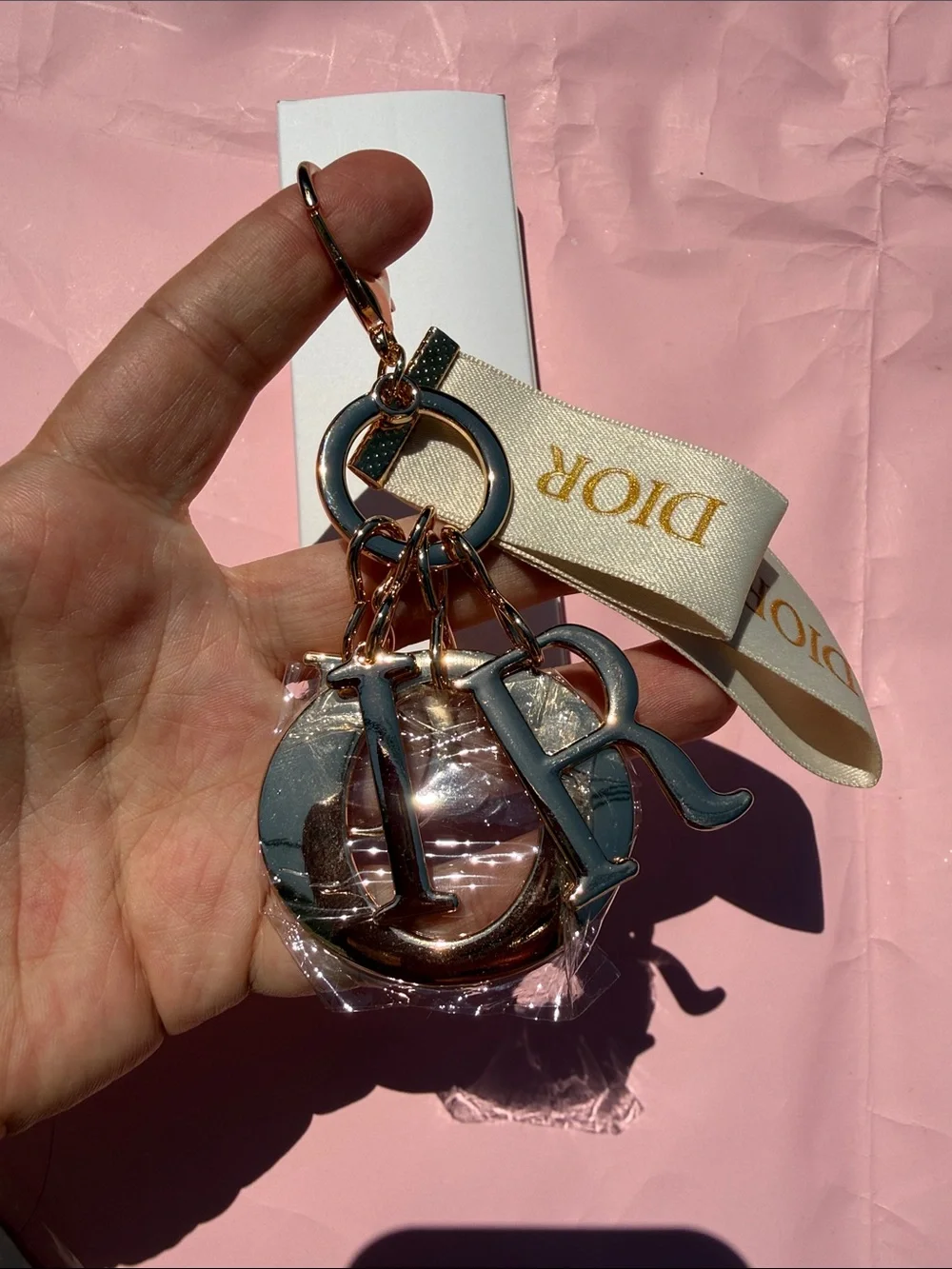 DIOR keychain Gold & Cream Logo Keychain with Ribbon new in box